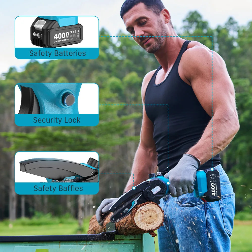 SEESII 6'' Cordless Mini Chainsaw 15.2cm Electric Saw Rechargeable Woodworking Garden Pruning Saw for Makita 18V Battery Pin