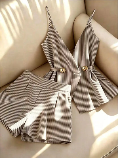 Women Striped 2 Piece Set V-neck Top Lace Up High Waist Pleated Wide Leg Shorts Summer Fashion Office Ladies Commuting Outfit