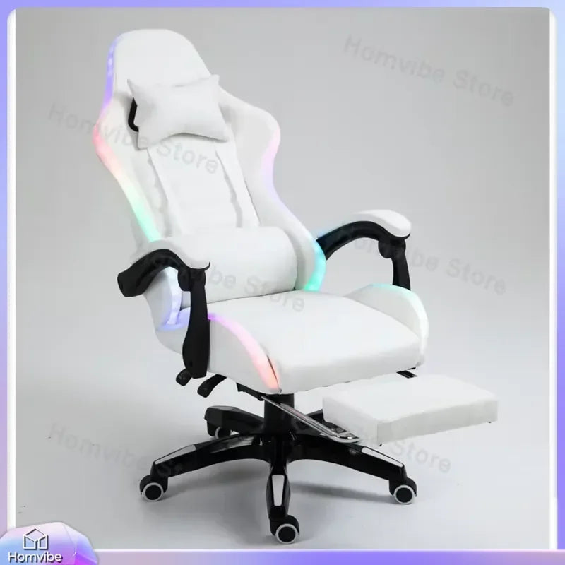 White PU Leather Gaming Chair with RGB LED Lights Massage Function Built-in Speakers Racing Style Ergonomic Design for PC