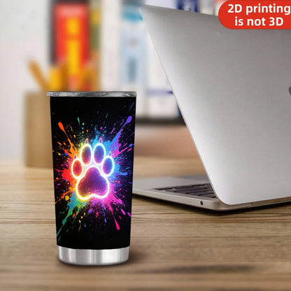 20oz Neon Glowing Paw Print Printed Stainless Steel Tumbler with Lid and Straw, Colorful Paint Splatter Dog Cat Paw Pet Lover Vacuum Insulated Travel Coffee Mug Gifts