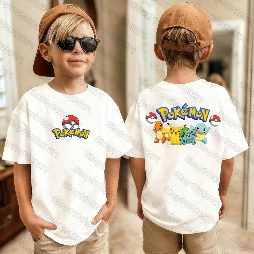 Pokemons Pikachu Cartoon Kids Printed T-Shirts Boys Girls Casual Short Sleeves Tops Children's Harajuku Fashion Tee Clothing