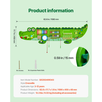 SucceBuy 9-Activities Crocodile Kids Busy Hanging Board Toy Montessori Early Learning Puzzle Decor Panels Toys for Children Gift