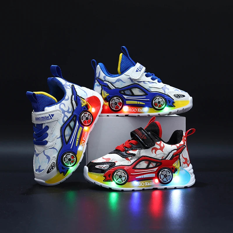 Mgo Kidss New Spring and Autumn Children's Car-Themed Boys' Sneakers, Cartoon Light-Up Shoes for Kids, Boys' Glowing Running Shoes for Ages 1-3-6, Led Light-Up Shoes, Lightweight Boys' Shoes, Light-Up Sneakers, Christmas/Hall