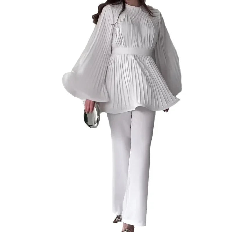 Women's New Autumn Two-piece Set Round Neck Bat-sleeved Pleated Big Swing Frenum Top Temperament Elegant Loose Straight Pants