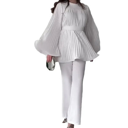 Women's New Autumn Two-piece Set Round Neck Bat-sleeved Pleated Big Swing Frenum Top Temperament Elegant Loose Straight Pants