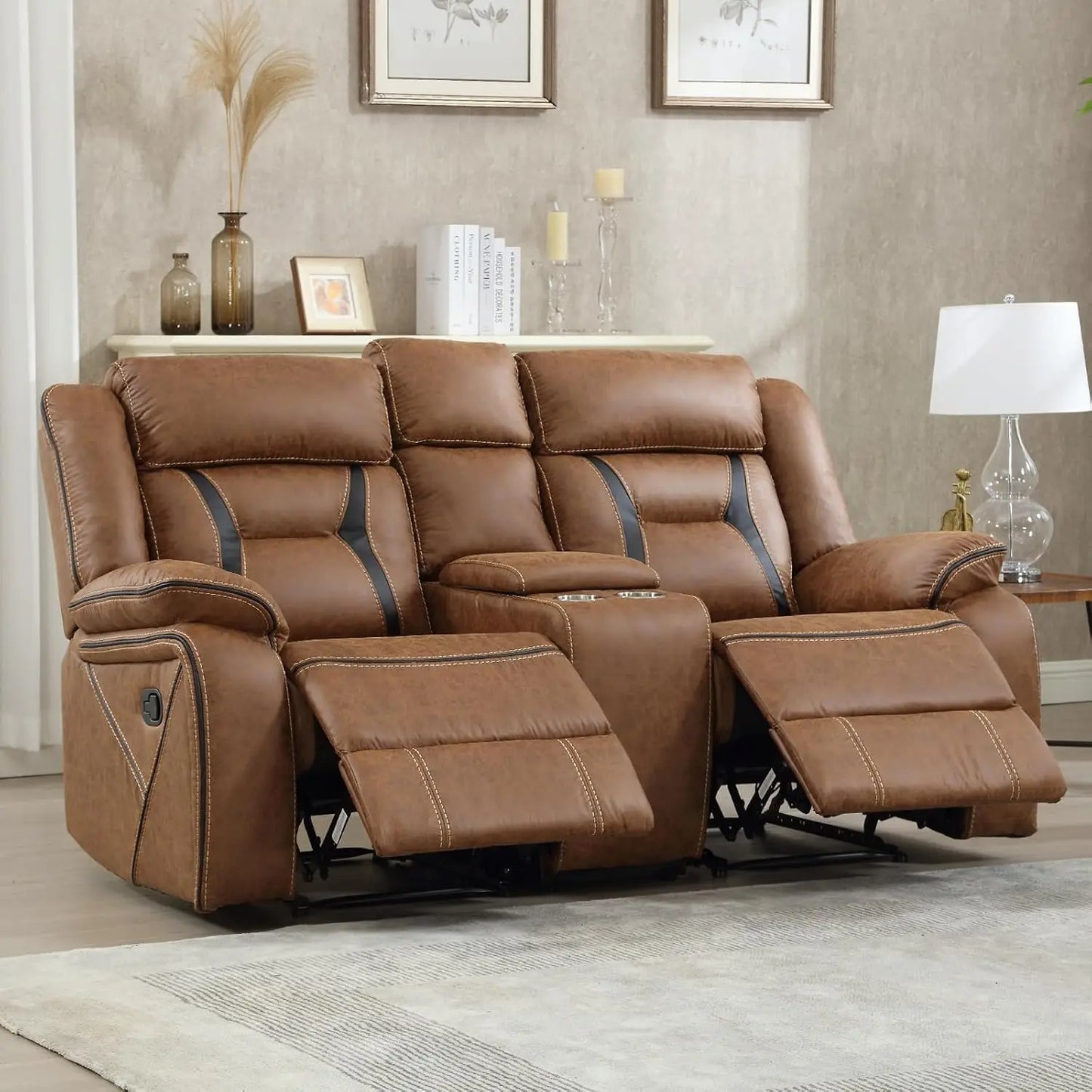 Faux Leather Manual Loveseat Recliner, 2 Seat Reclining Sofa Chair with Center Console, Hidden Storage and Cup Holders,, Custom