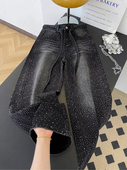 Glittering Rhinestone Denim Pants Women's Jeans New Wide Leg Design Sensation Floor-Length Pants Loose Jeans