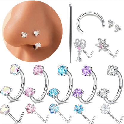 6/2pcs Horseshoe Nose Rings With L-Shape Nose Stud, Stainless Steel Rianbow CZ Nose Ring,, Lip Eyebrow Helix Ear Piercing