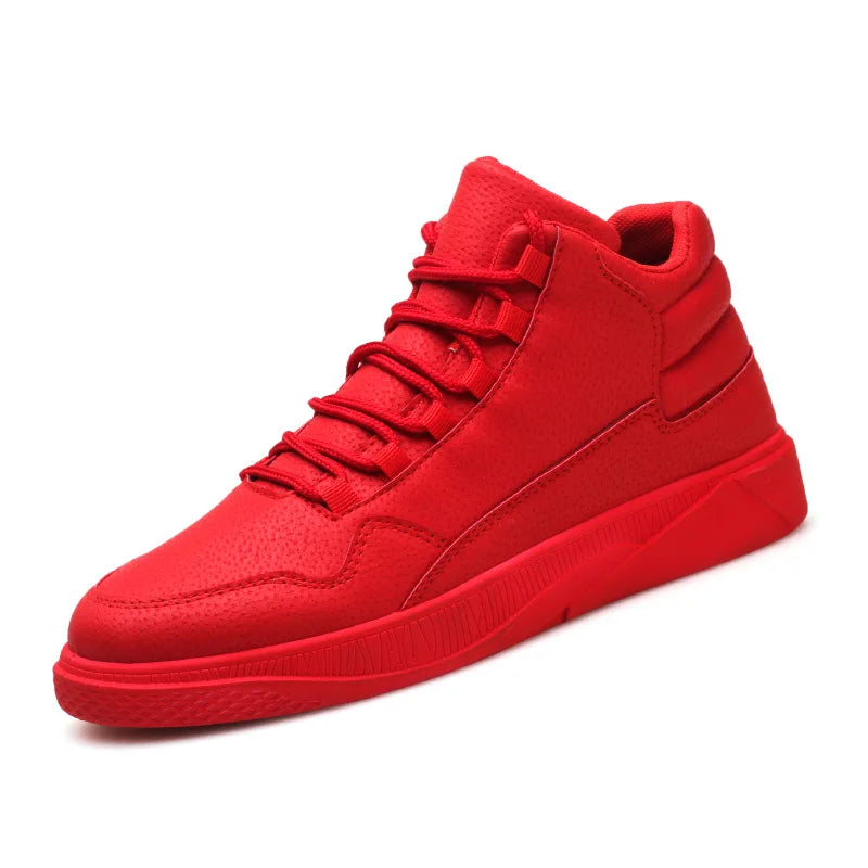 Keep Warm Men's Red High-Top Leather Skate Shoes Flat Lace-Up Sneakers Versatile Casual Streetwear Non-Slip Grip Sole Footwear