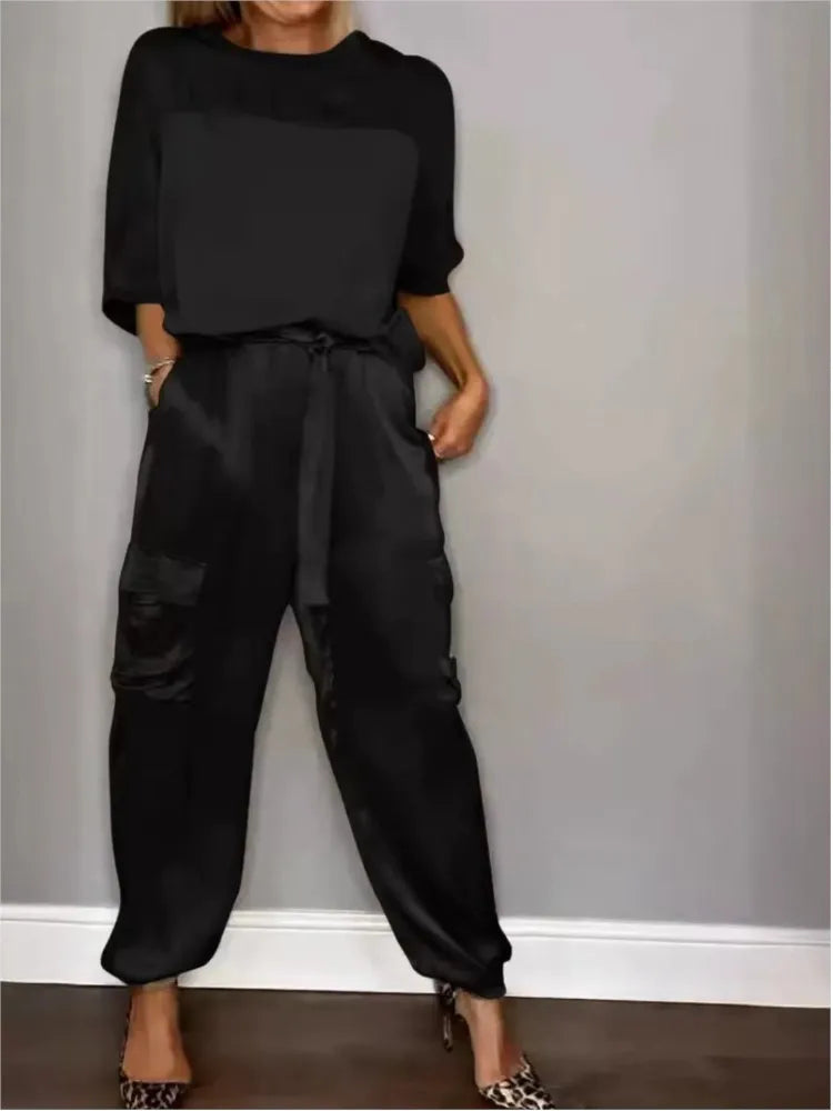 Women's Summer Fashion Solid Satin Two Piece Set Women O Neck Long Sleeved Top Long Pants Casual Loose 2 Piece Set Women Clothes