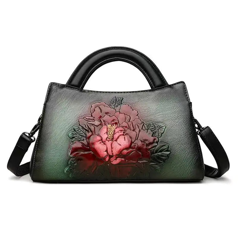 Peony Print Handbag Single Shoulder Bag Women's Retro Style National Trend Crossbody Bag Medium Hardness Daily Use Zipper Clo...