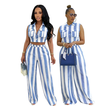 New African Fashion Women Casual Two Piece Set Striped Printed Sleeveless Pockets Crop Vest Top And Wide Leg Pants Set