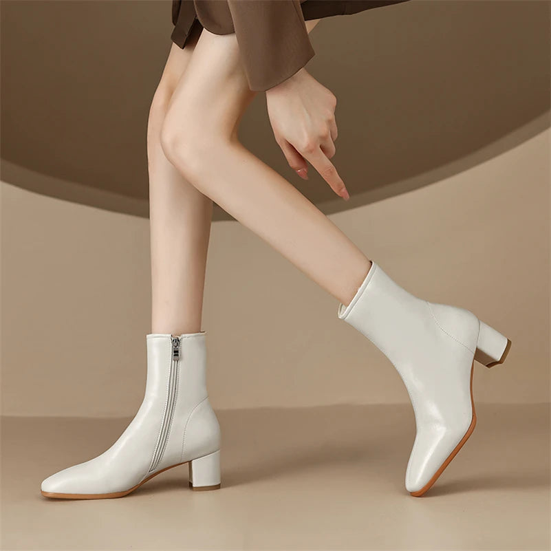Meotina Women Genuine Leather Ankle Fur Wool Boots Round Toe Thick Mid Heel Zipper Ladies Fashion Short Boot Autumn Winter Shoes