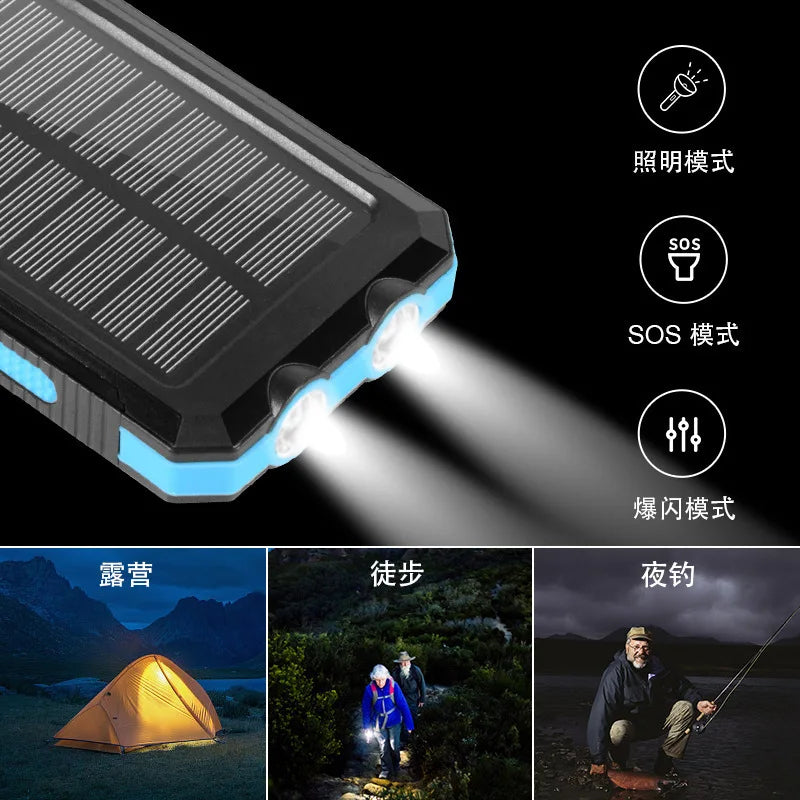 Rugged Solar Power Bank – Waterproof Outdoor Portable Charger with Dual LED Flashlights & Compass, High-Capacity External Battery Pack for Camping, Hiking, and Emergencies