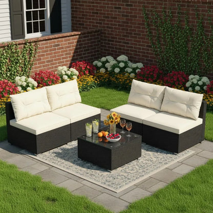5 Piece Rattan Sofa Set, Patiojoy Outdoor Wicker Furniture Set with Seat & Back Cushions, Square Coffee Table,, Customized