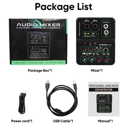 G-MARK Studio 2 Mini 2-Channel Audio Mixer with 48V Phantom Power 32-bit 96kHz Sound Interface for Recording Podcasting Live Streaming And DJ Parties