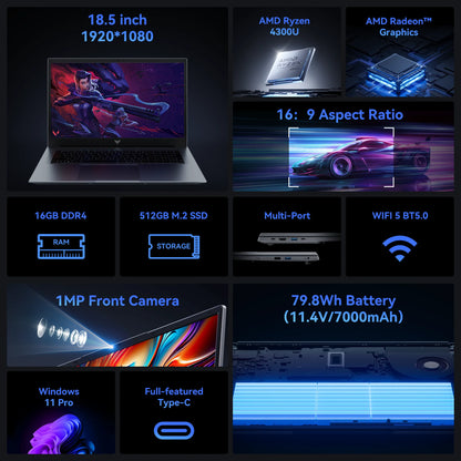 18.5" Laptop 16GB RAM 512GB SATA SSD AMD Ryzen 3 4300U Laptop Computer 1080 FHD Display for Business&Students 7000Mah Battery