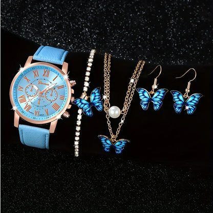 Fashion 5pcs women's quartz watch set, paired with blue butterfly jewelry - round zinc alloy case, PU leather strap