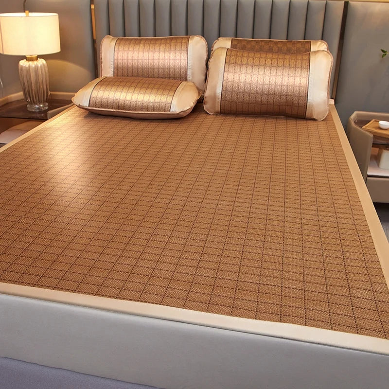 Summer Cool Rattan Mat Sets Natural Plant Fiber Ice Mats with Pillowcase Foldable Non-Slip Breathable Cooling Mattress Cover