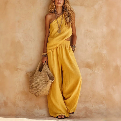 Womens Casual Matching Set Summer Linen Wide Leg Pants Jumpsuit Two Piece Outfits