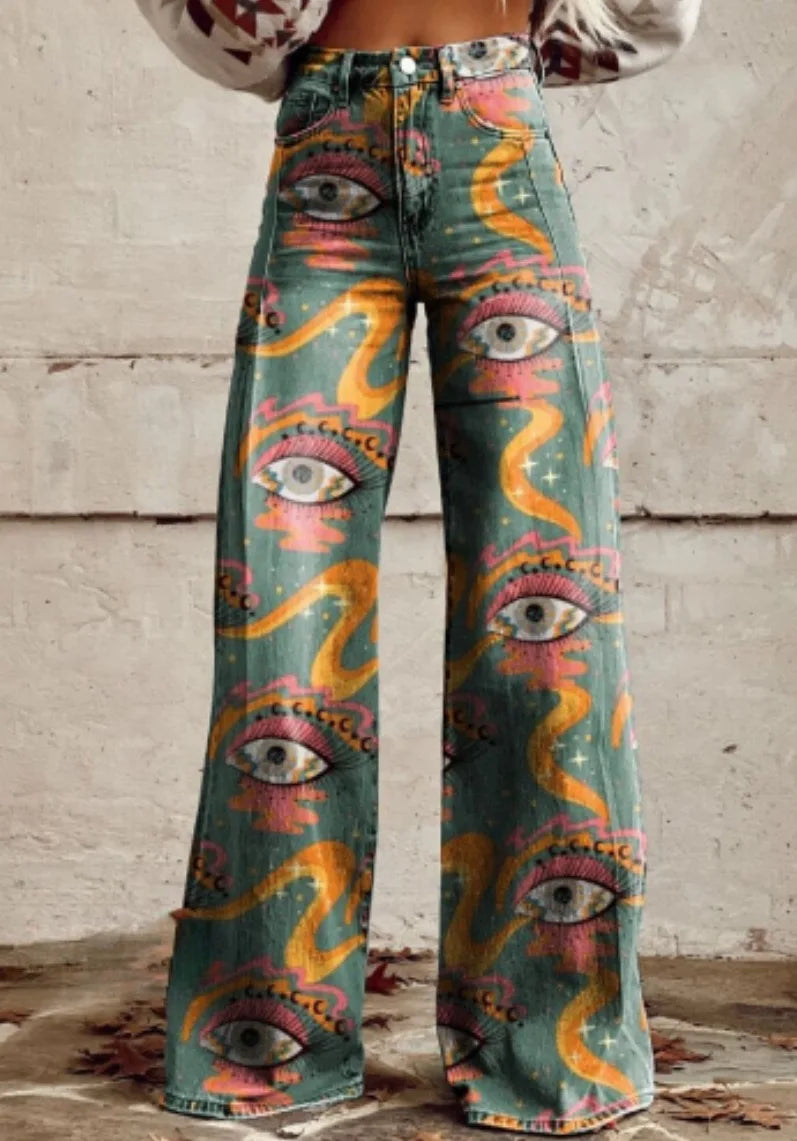 Women's 3D Printed Flare Jeans-Polyester Wide Leg Pants with Distressed Vintage Look, High Waist Comfort Fit for Street Fashion