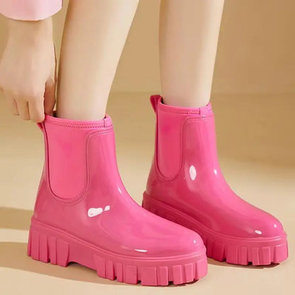 PVC Fashion Rain Boots Shoes For Women Solid Anti-slip Wear-resistant Thick Soled Shoes Low Cut High Top Round Toe Waterproof Water Shoes