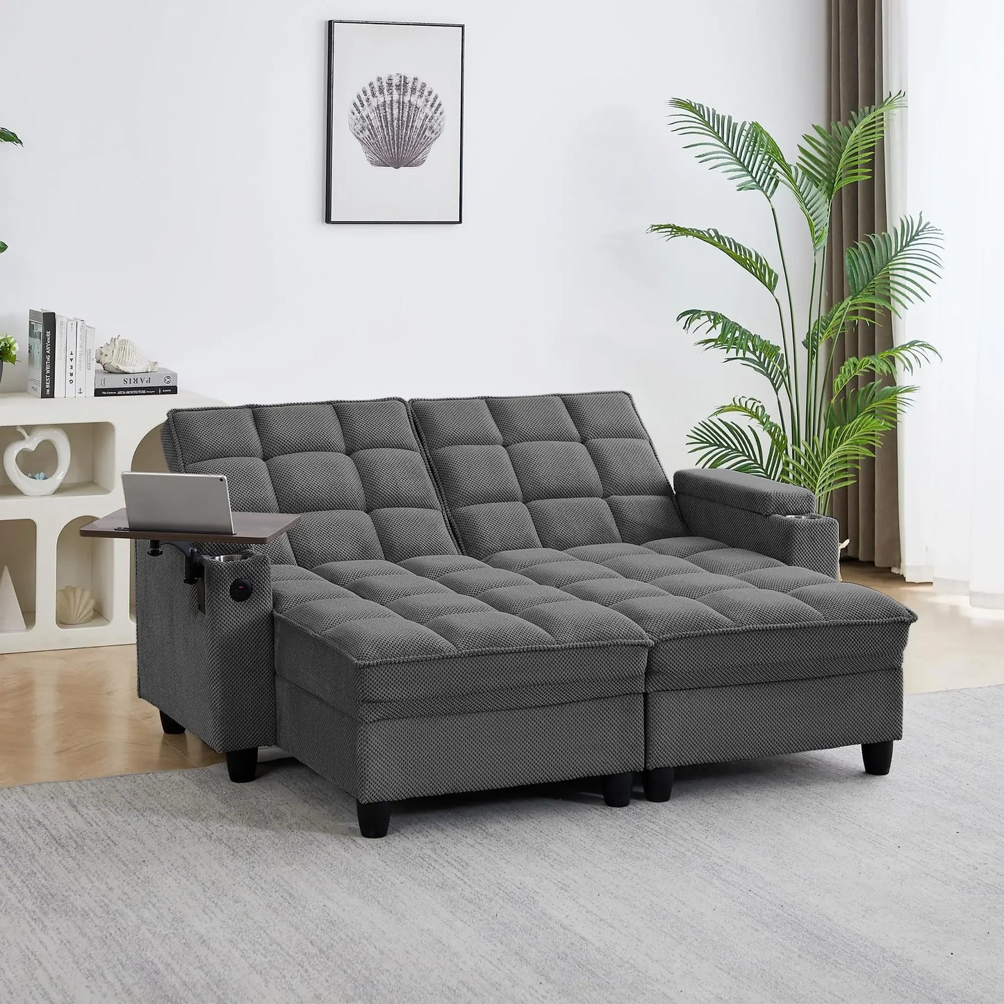 hansones 65'' 3-in-1 Folding Convertible Sofa Bed, Pullout Sofa, Modern Chenille Fabric, 360° Swivel Side Table, Easy Assembly,