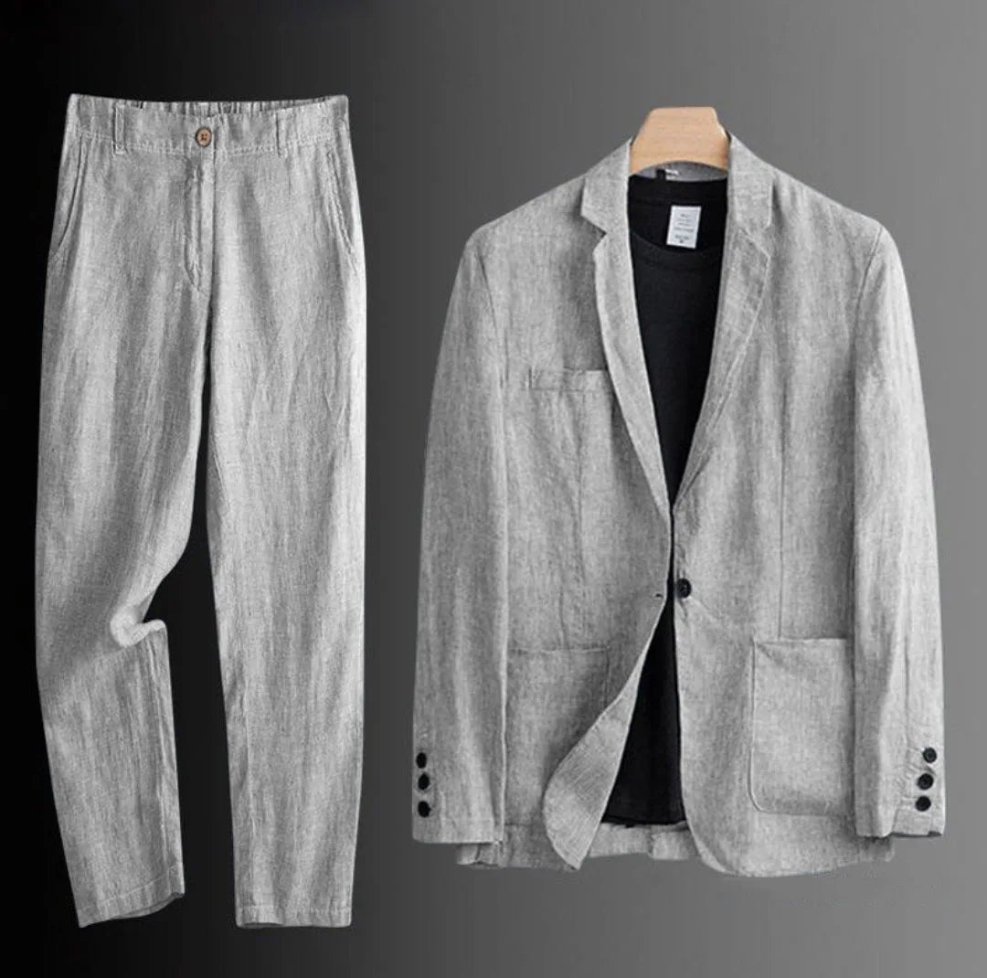 Cotton Linen Men's 2‑Piece Suit Lightweight Slim Fit Breathable Casual Suit Set for Office Wedding Sun Protection