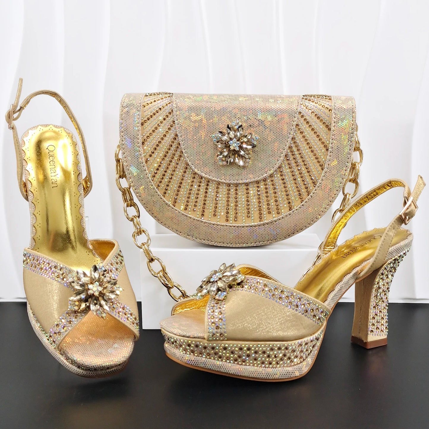 Italian Design Bigger Size Shoes and Bags Set Wedding for Women Bride Ladies High Heel HAND CRAFTED UPPER Shoes with Rhinestone