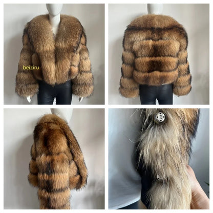 BEIZIRU Women's Real Raccoon Fur Coat with Big Turn-down Collar Winter Long Sleeve Natural Luxury Fashion Outerwear