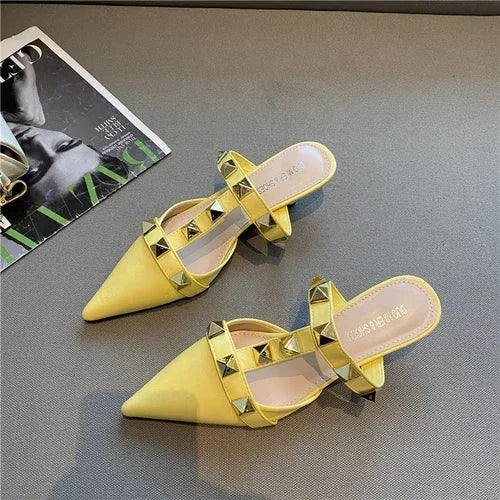 2024 New Rivet Pointed Thin Heel Baotou Half Slipper Female Middle Heel Shallow Mouth Lazy Mueller Shoes