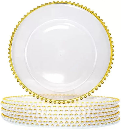 Round Clear Gold Beaded Charger Plates 25 Pack PS Plastic Dinner Under Plates 32cm Decorative Serving Plates for Wedding Banquet Party Table Decor