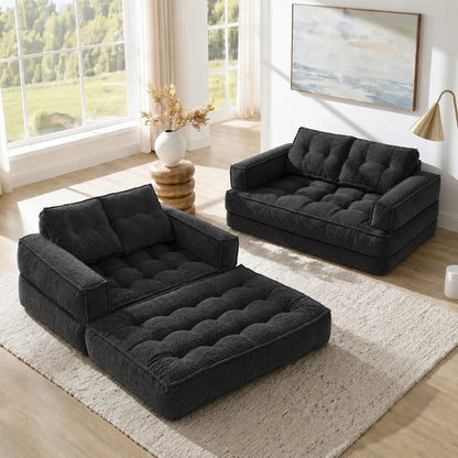 51" 2-Seater Modular Corduroy Sofa with Chaise, 2-in-1 Boneless Convertible Floor Couch, Lazy Double Sofa with Armrest for Living Room, Black