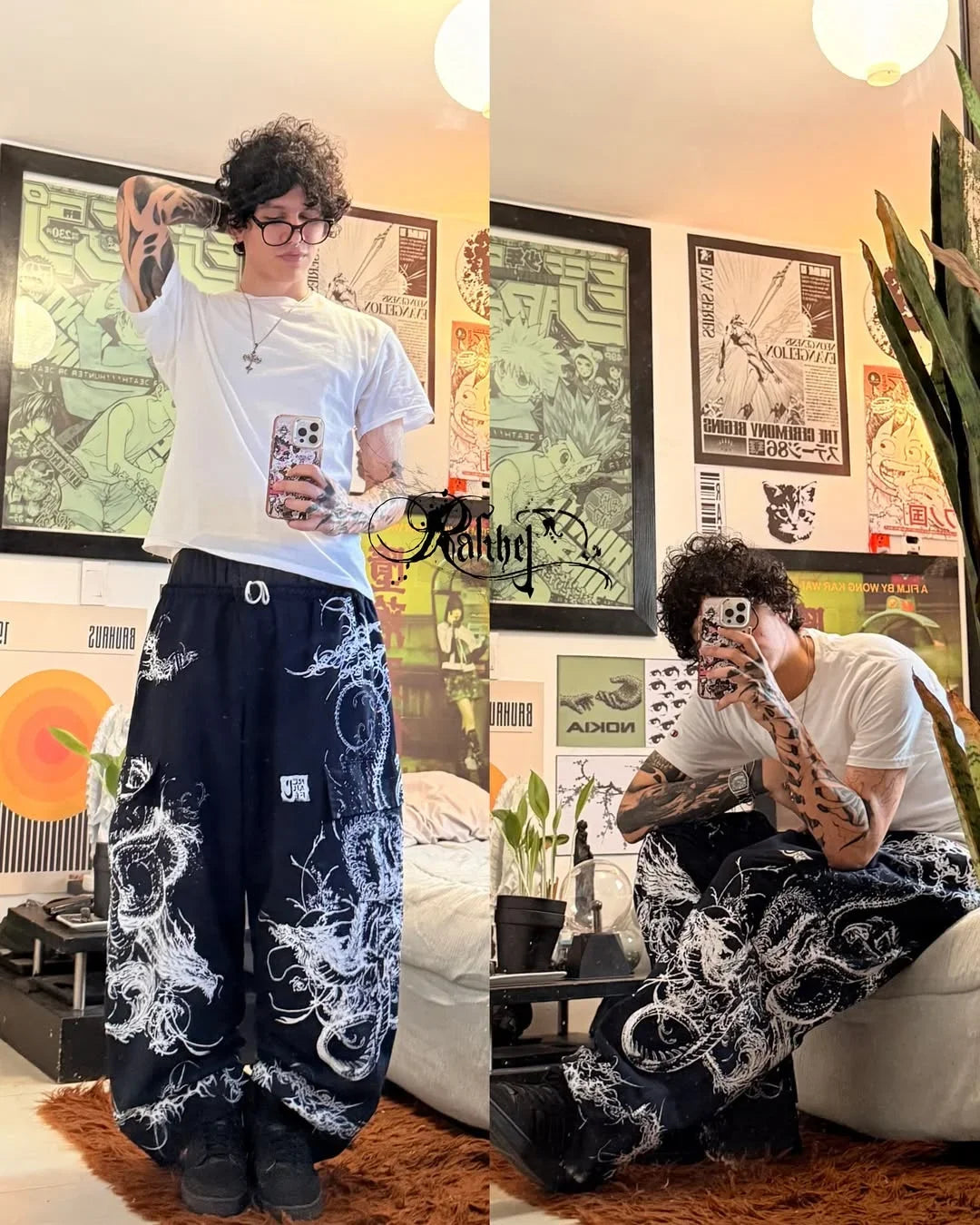 Y2K Gothic Punk Baggy Pants Women Red White Tribal Flame Print Wide Leg Trousers Vintage Grunge Streetwear Alt Clothing