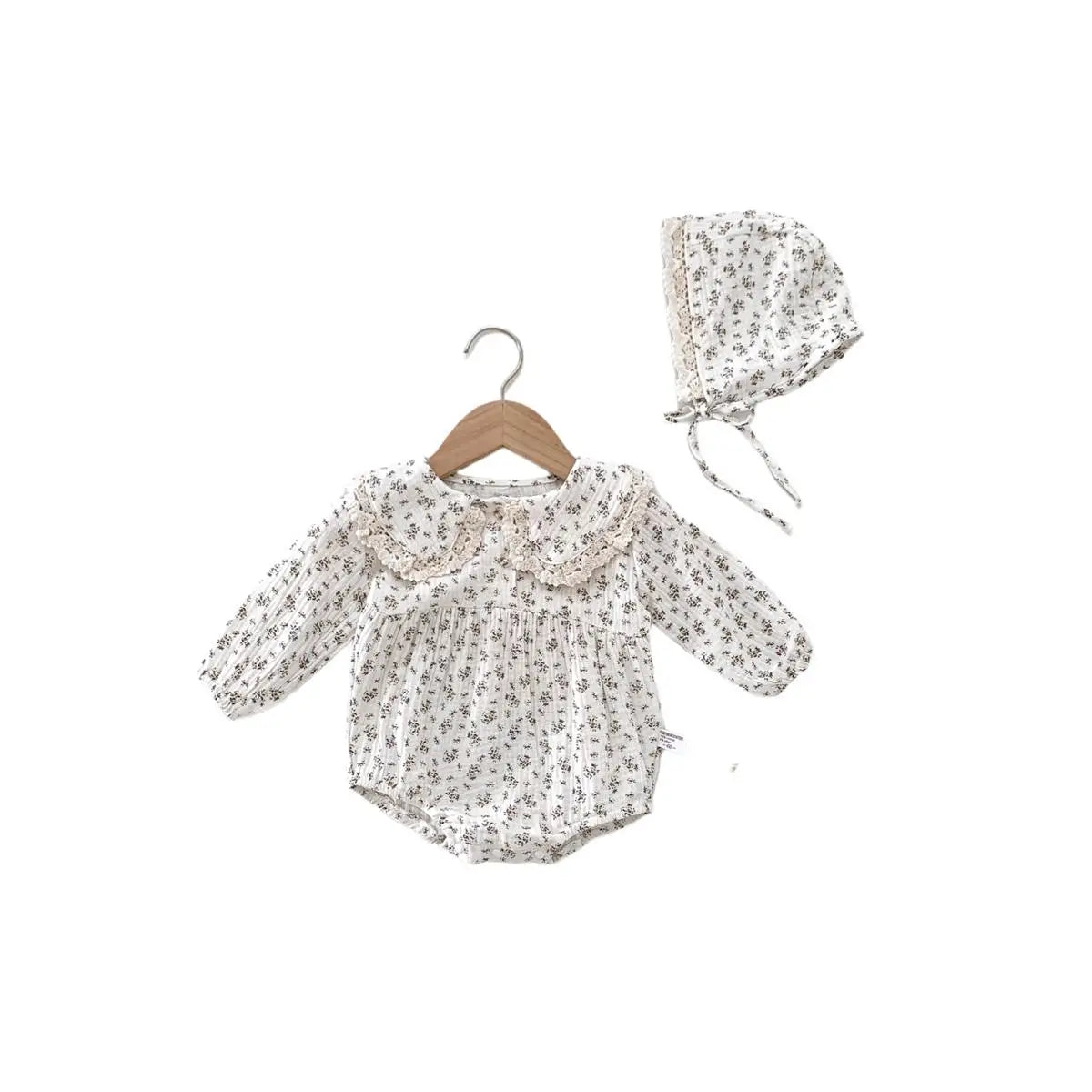 Newborn Girl Cotton Floral Doll Lace Collar Long Sleeve Princess Romper + Hat Suit Baby Clothes Set 0-2 Years Old