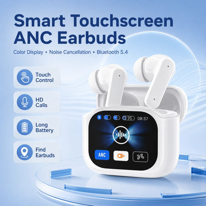 Smart Touchscreen ANC Headphones Bluetooth 5.4 Earphones with Noise Cancelling, HD Calls, 60H Playtime and Smart Touch Control