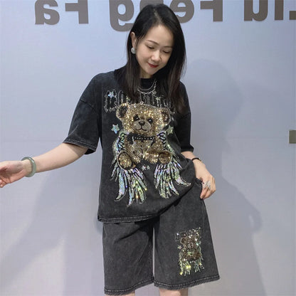 Tie-dye Cartoon Bear Oversized Short Pant Sets Woman Outfits 2026 Summer Casual O Neck Short Sleeve T Shirt 2 Piece Sets