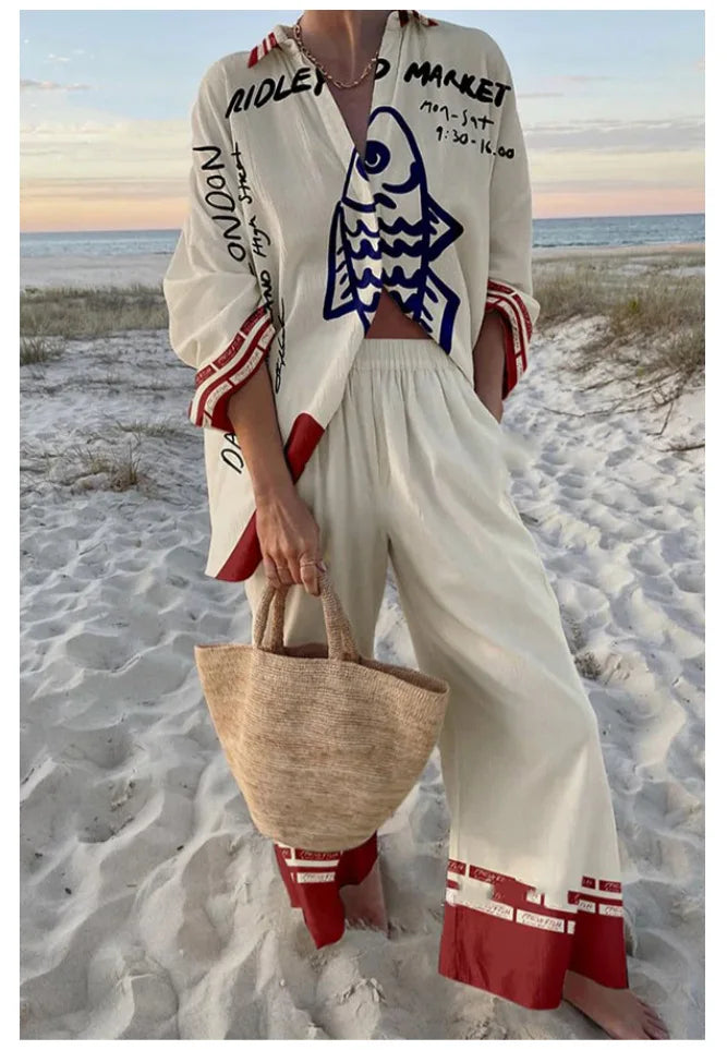 Fashion Print Beach Holiday 2-Piece Set Women Spring Summer Long Sleeve Shirt Top + Wide Legs Women's Oversized Two-Piece Outfit