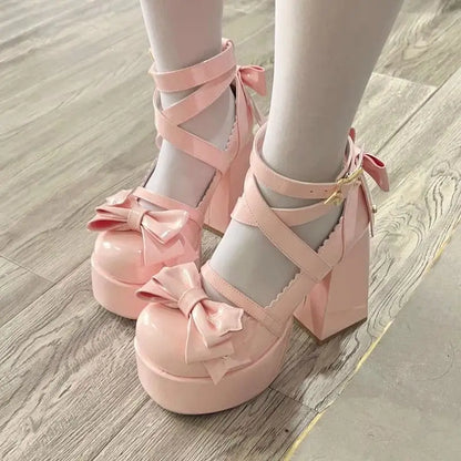 Lolita Shoes Women High Heels Shoes Woman Chunky Sandals Summer Mary Janes PU Leather Shoes Retro Bow Party Platform Pumps