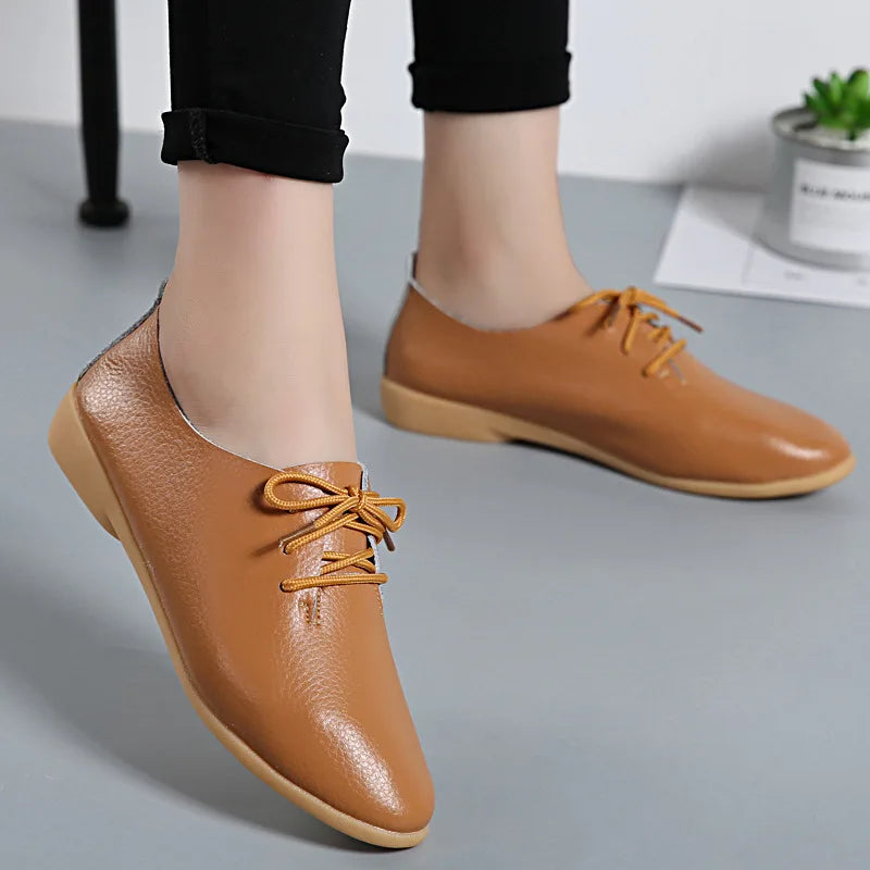 BeckyWalk Plus Size Spring Women Shoes Genuine Leather Lace Up Ladies Casual Shoes Woman Flats Zapatos Mujer 42/43/44 WSH2674