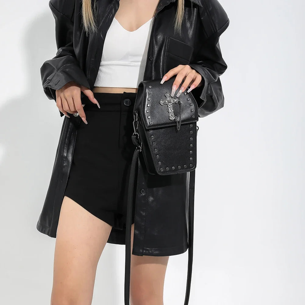 Y2K Crossbody Bag for Women Coffin Shoulder Bag Phone Purse Cool Gothic Cellphone Bag PU Leather New Novelty Halloween Phone Bag