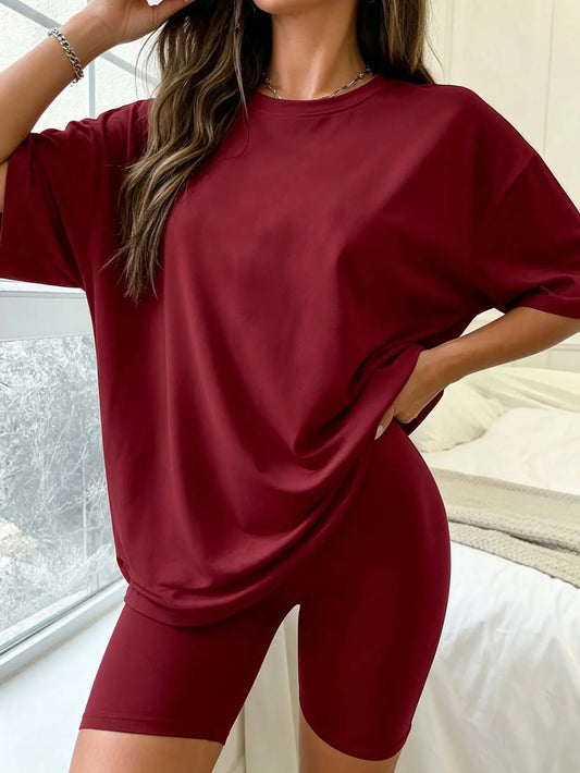 Large-size women's casual summer short-sleeved dress with tight shorts set, suitable for exercise and fitness, soft and comforta