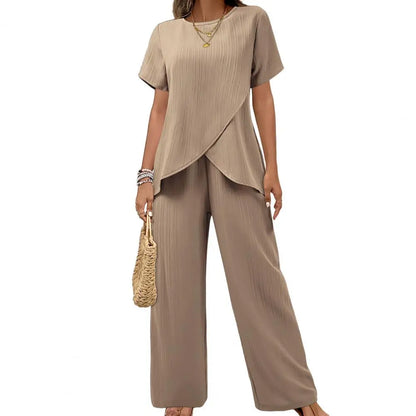 2026 Casual Solid Suit Women Summer Fashion Round Neck Short Sleeve Irregular Split Top Elastic Waist Trousers Two Piece Set