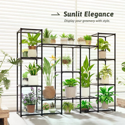 Large Plant Stand Indoor Outdoor Metal Plant Shelf Waterproof Plant Rack For Multiple Plants Wide Flower Stand For Patio Balcony Garden Black