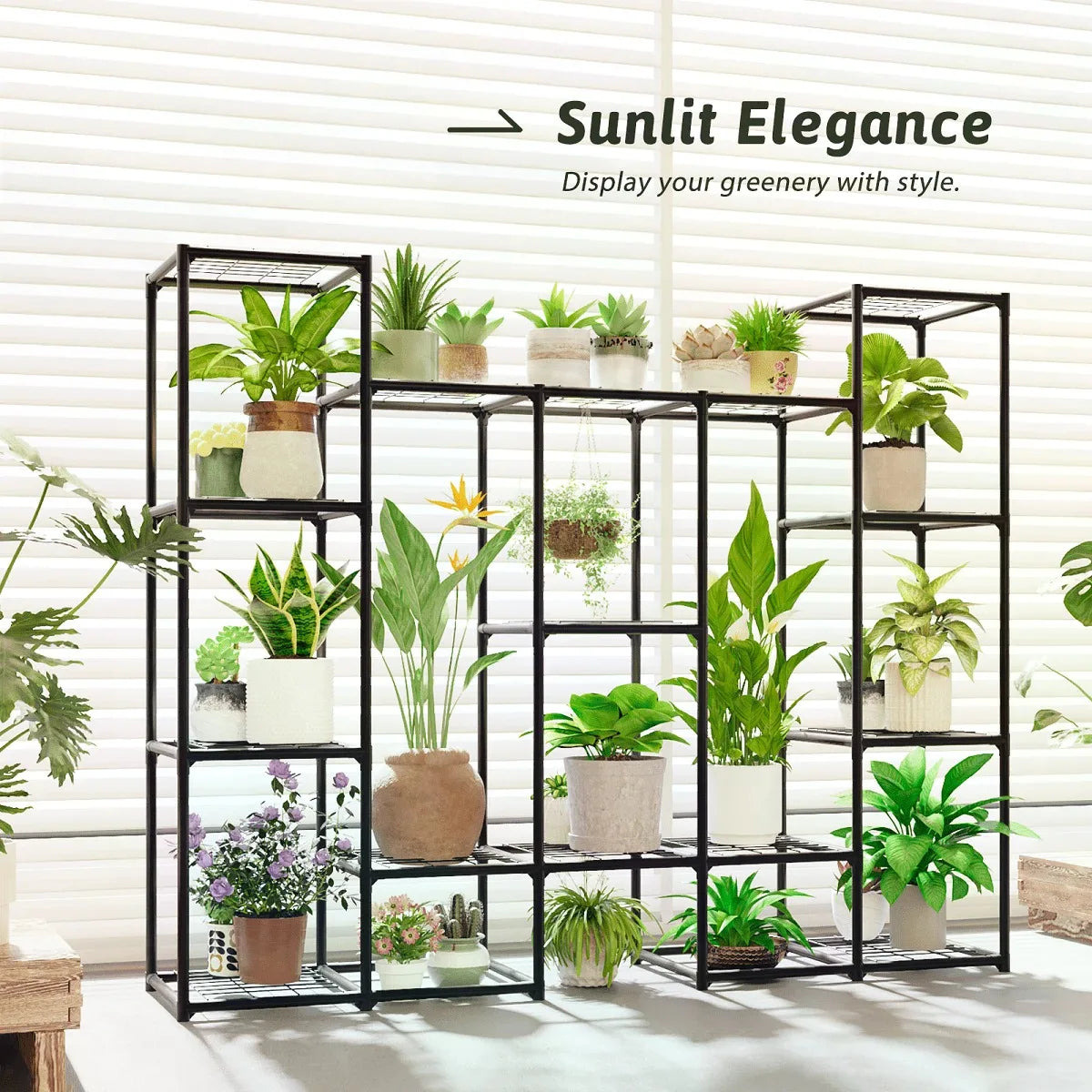 Large Plant Stand Indoor Outdoor Metal Plant Shelf Waterproof Plant Rack For Multiple Plants Wide Flower Stand For Patio Balcony Garden Black