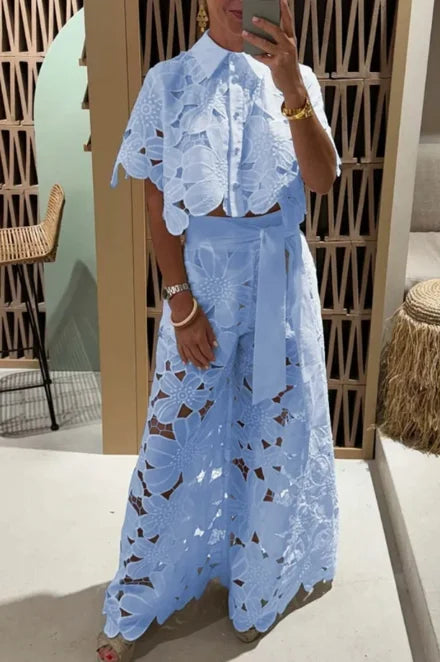 Women 2Pcs Lace Outfit Embroidery Retro Hollow Temperament Suit 2025 Elegant Button Short Sleeved Blouse Tops&Tie-up Pants Set