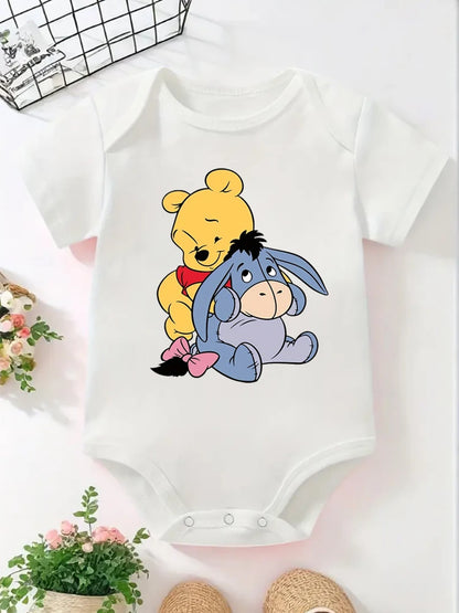 Cute Winnie The Pooh and Donkey Printed Baby Bodysuits One Piece Jumpsuit Clothes Toddler Boy Girl Short Sleeve Outfits