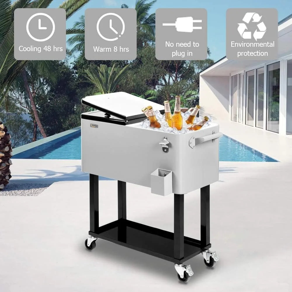 Rolling Ice Chest, 80QT Cooler Cart with Shelf, Beverage Pool, Bottle Opener, Portable Party Bar