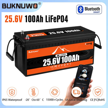 Buknuwo M8 24V 100Ah LiFePO4 Battery With Bluetooth Built-in 100A BMS Support Low Temp Protection And 15000+ Deep Cycles IP65 Waterproof 25.6V 2560Wh Lithium Battery Pack for RV/ Marine/ Camper Van/ Home Backup/ Off-Grid Sola