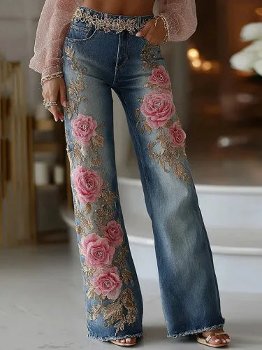 Women's Fashion and Leisure 2025 Retro Style Pink Rose Embroidery Art Print Imitation Jeans Pants